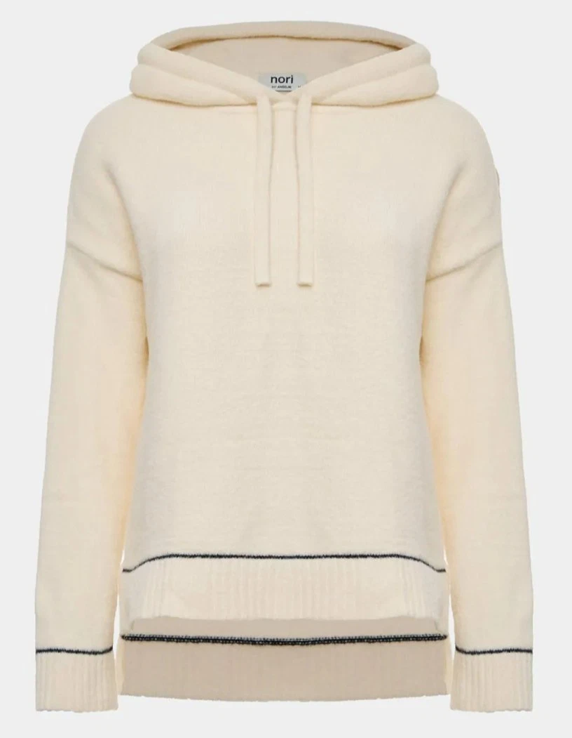 Nori Feather Yarn Hooded Sweater Cream Asymmetrical Hem Cozy Luxe Knit L