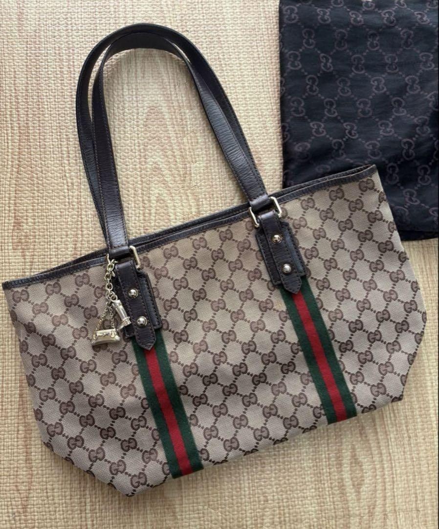 Gucci GG Canvas Sherry Line Large Brown Leather Tote Bag