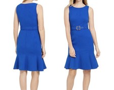 Calvin Klein Royal Blue Sleeveless Sheath Dress Belted Flounce Hem Size 10 NEW