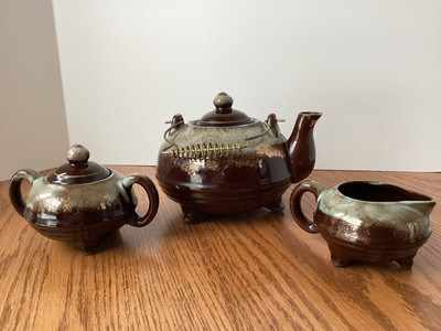 Vintage Wire Handled Teapot w/ Creamer & Sugar Dish Set Brown Drip Glaze JAPAN