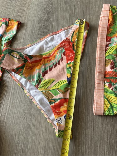 NWOT 3 Pc Tropical Parrot One Shoulder Bikini Fringed Bright Boho Sarong Set - Picture 7 of 12