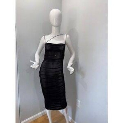 Micas Black Ruched Asymmetric Neckline Bodycon Midi Dress Spaghetti Strap New S