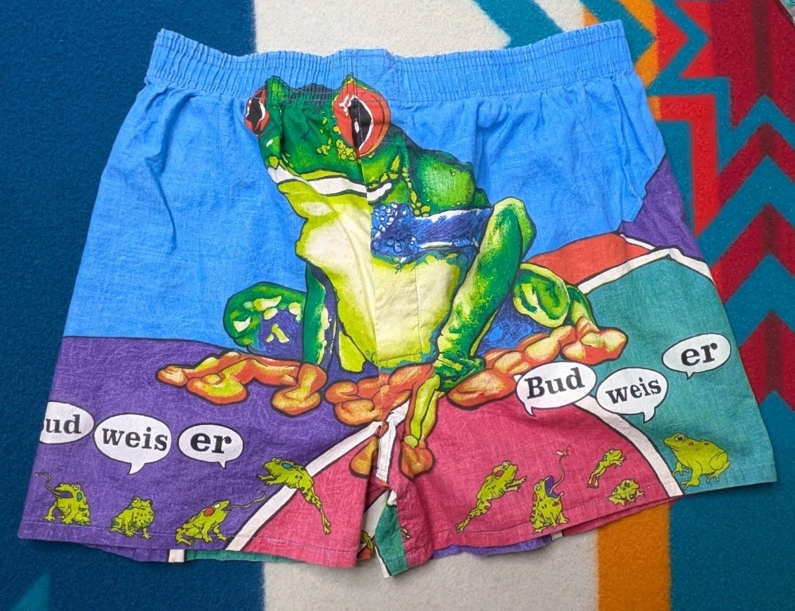 Vintage Budweiser Frog Boxer Shorts Made In USA 90s All Over Print Beer Funny XL