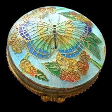 Vintage Cloisonné Enamel Trinket Box Butterfly & Floral Design Round 2” Hinged