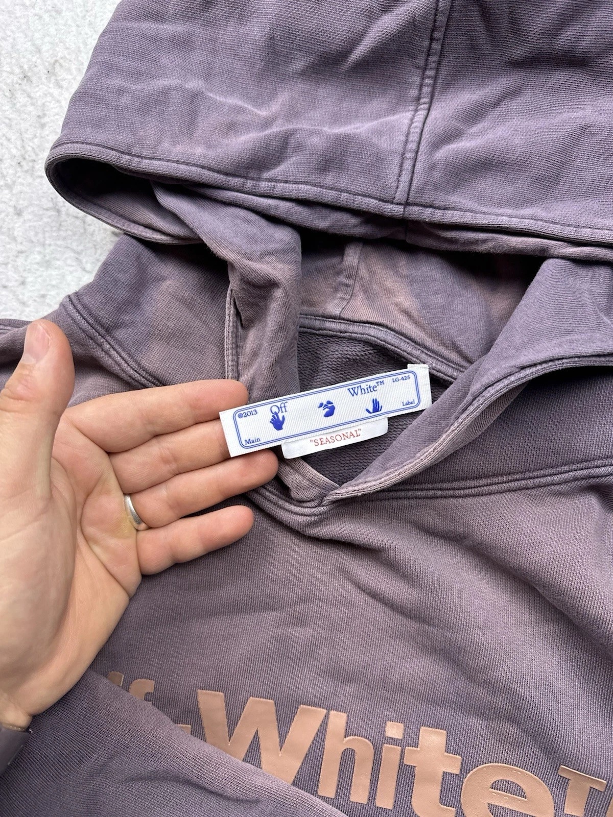 OFF WHITE Autentica felpa con cappuccio uomo bianco sporco logo lavanderia effetto invecchiato taglia XL 2013