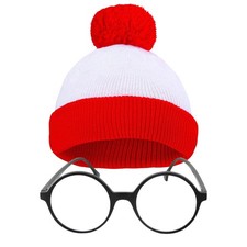 CICEYET Adult Halloween Red White Beanie Waldo Hat One Size, Hat glasses