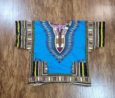 Dashiki Shirt Unisex Blue African Abstract Print V Neck Short Sleeve Size Medium