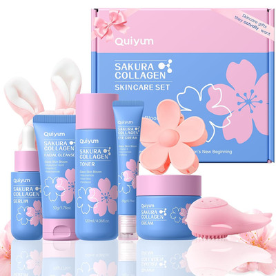 Sakura Collagen Skincare Set - 8-Piece Glass Skin Routine with Cleanser, Toner,
