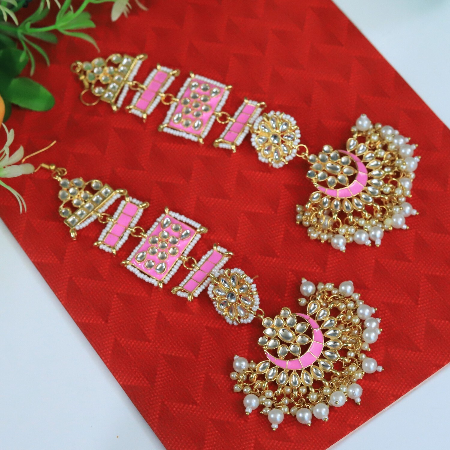 Pendientes de boda indios Bollywood chapados en oro rosa con cadena Kaan para...