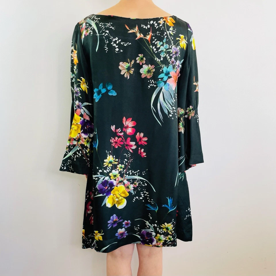 Nolita Size S 8 10 Black Floral Viscose Satin A Line Swing Mini Dress - image 2 of 4