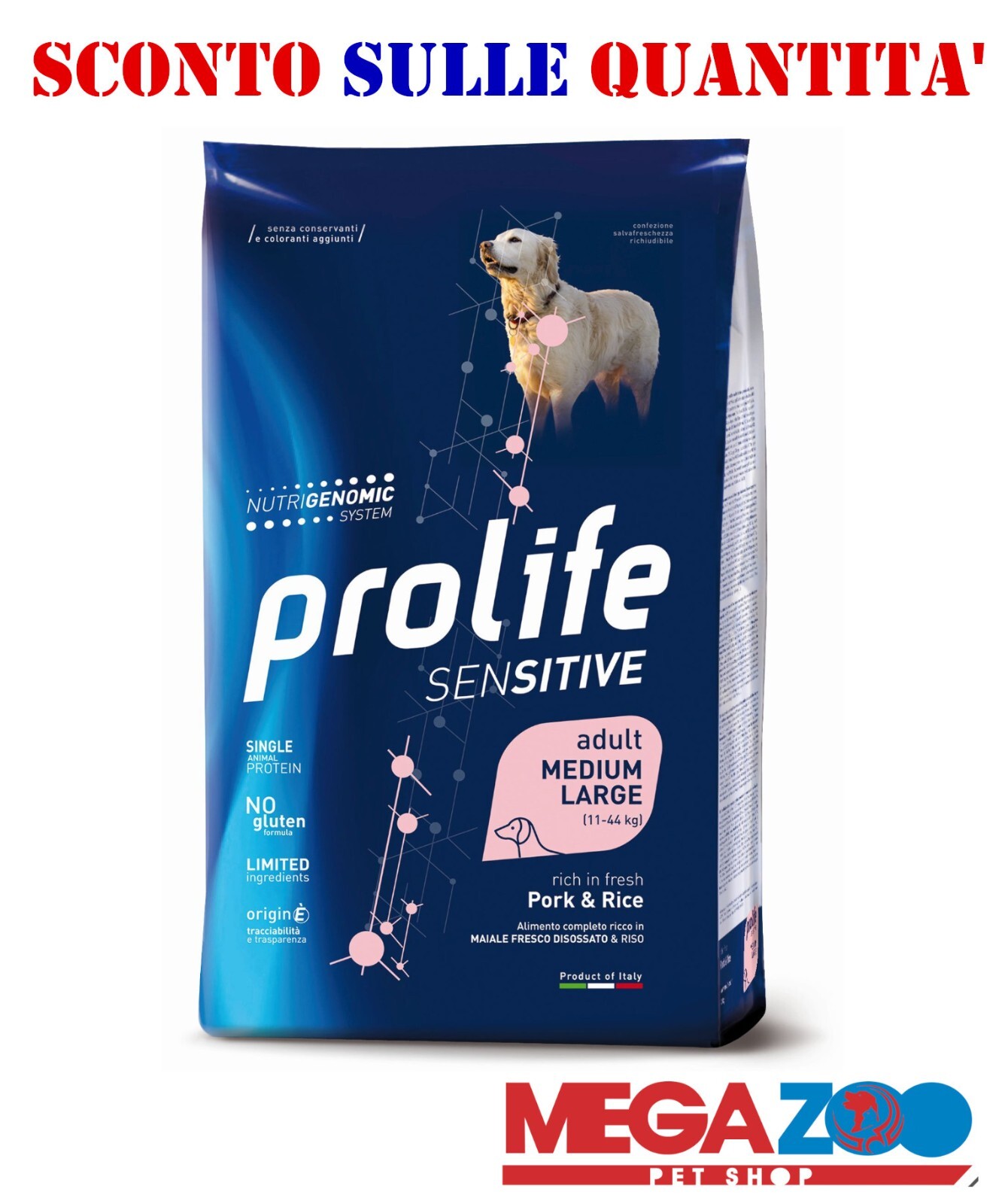 CROCCHETTE PROLIFE SENSITIVE ADULT MAIALE E RISO MEDIUM LARGE. 10KG