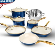 12 Pcs Nonstick Cookware Set Pot Pan Ceramic Kitchen Heavy Duty Frying Pan Navy