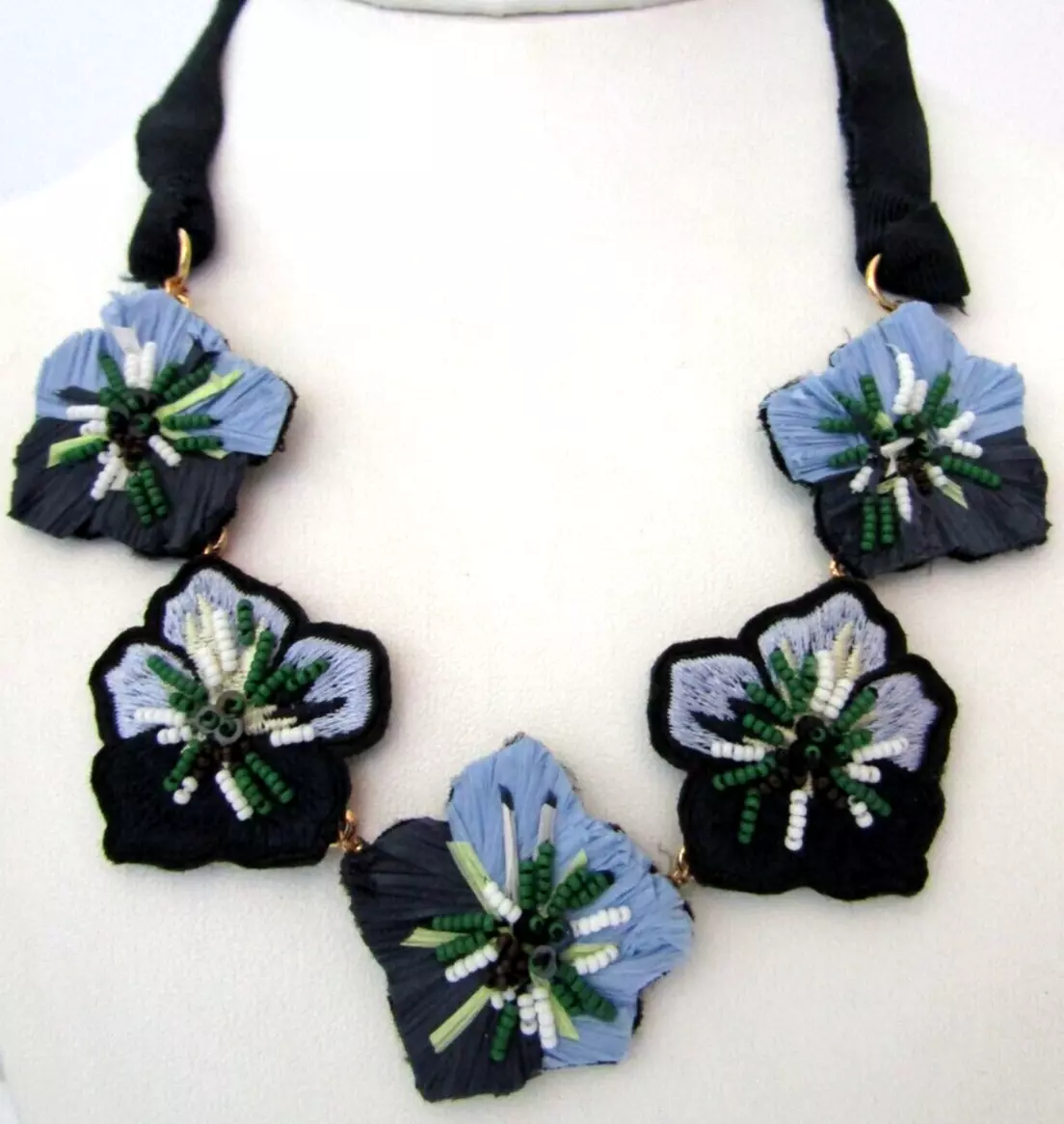 Ann Taylor Navy Blue Beaded Embroidered Raffia Ribbon Collar