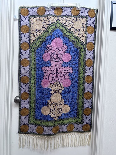 Handmade Sacred Prayer Rug Kashmir India Embroidered  28” X 50”  with Fringe