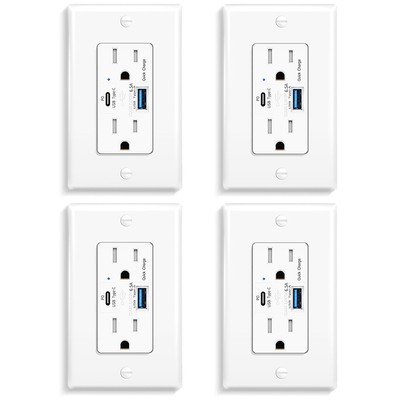 4x Fast charger USB Wall Outle 6.5A PD3.0 65W Electrical 15A TR Receptacle Plug
