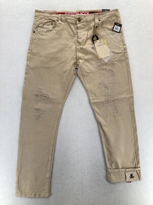 Smugglers Moon Jeans Mens 42x33 Khaki Beige Denim Button Fly Roll Up Distressed