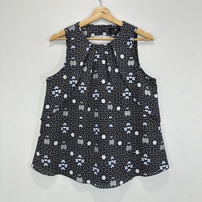 Cue Top Women 12 Black Geometric Pattern Sleeveless Aust Made Casual Workwear