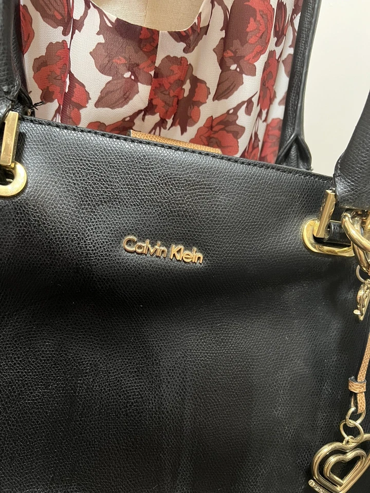 Calvin Klein Handbag Leather Satchel, Black/Gold Heart Charm - Image 4 of 4