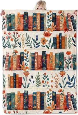 Book and Flower Flannel Blanket 50x60in,Cozy Throw with Colorful Bookshelf and F