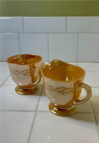Fire King Peach Luster Sugar and Creamer Set Laurel Leaf Vintage