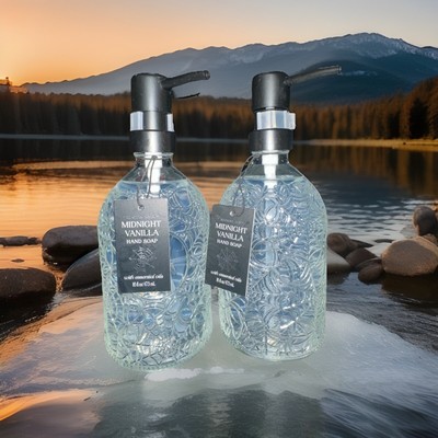 2Pk Aroma Aria Midnight Vanilla Lux Hand Soap Spiderweb Glass Bottle 16oz  