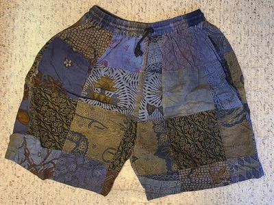 Vintage 90s Pre Loved Distressed LOVE TENT Patchwork Shorts Large Boho Hippy - Photo 1/4