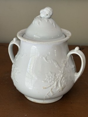 ATQ Baker & Co White Ironstone Sugar Bowl & Lid -Gorgeous Raised Floral- Stained