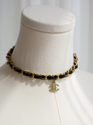 Chanel Vintage S/S1995 Barbie Black Gold Chain Leather CC 95P Choker Necklace - Picture 8 of 9