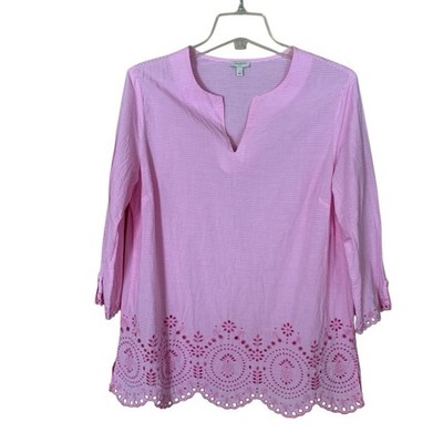 Talbot Women Sz.L Pink white striped 3/4 sleeve Lightweight Eyelet V-neck Blouse
