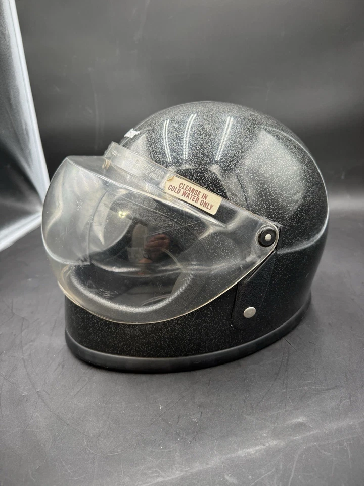Винтажный мотоциклетный шлем Grant черный с серебристыми хлопьями на все лицо с пузырьковым козырьком средний - Изображение 3 из 4