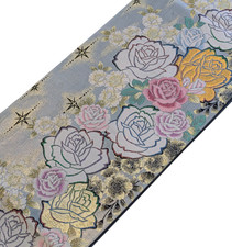 Authentic Japanese Kimono Silk Furisode Obi Roses Gold Silver Floral Textile Art