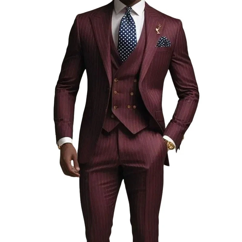 Mens Suits Striped Sets 3pcs Business Regular Fit Peak Lapel Jacket Vest Pants - Image 2 of 4