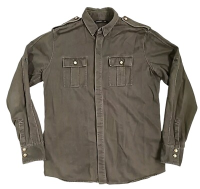 Balmain x H&M Men's Large Shirt Khaki Military Style Gold Buttons Heavy  Cotton