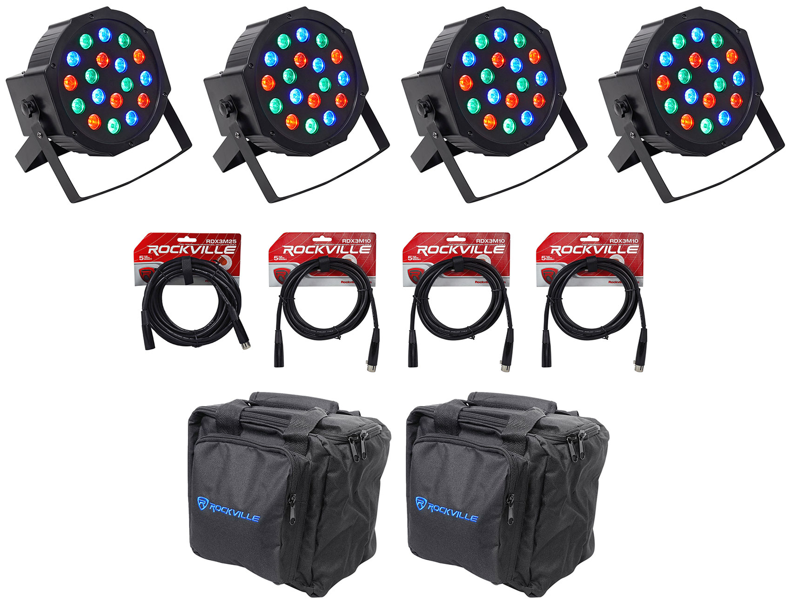 (4) Rockville RockPAR50 LED RGB Par может использовать DJ/Club DMX для мытья ламп + кабелей + сумок
