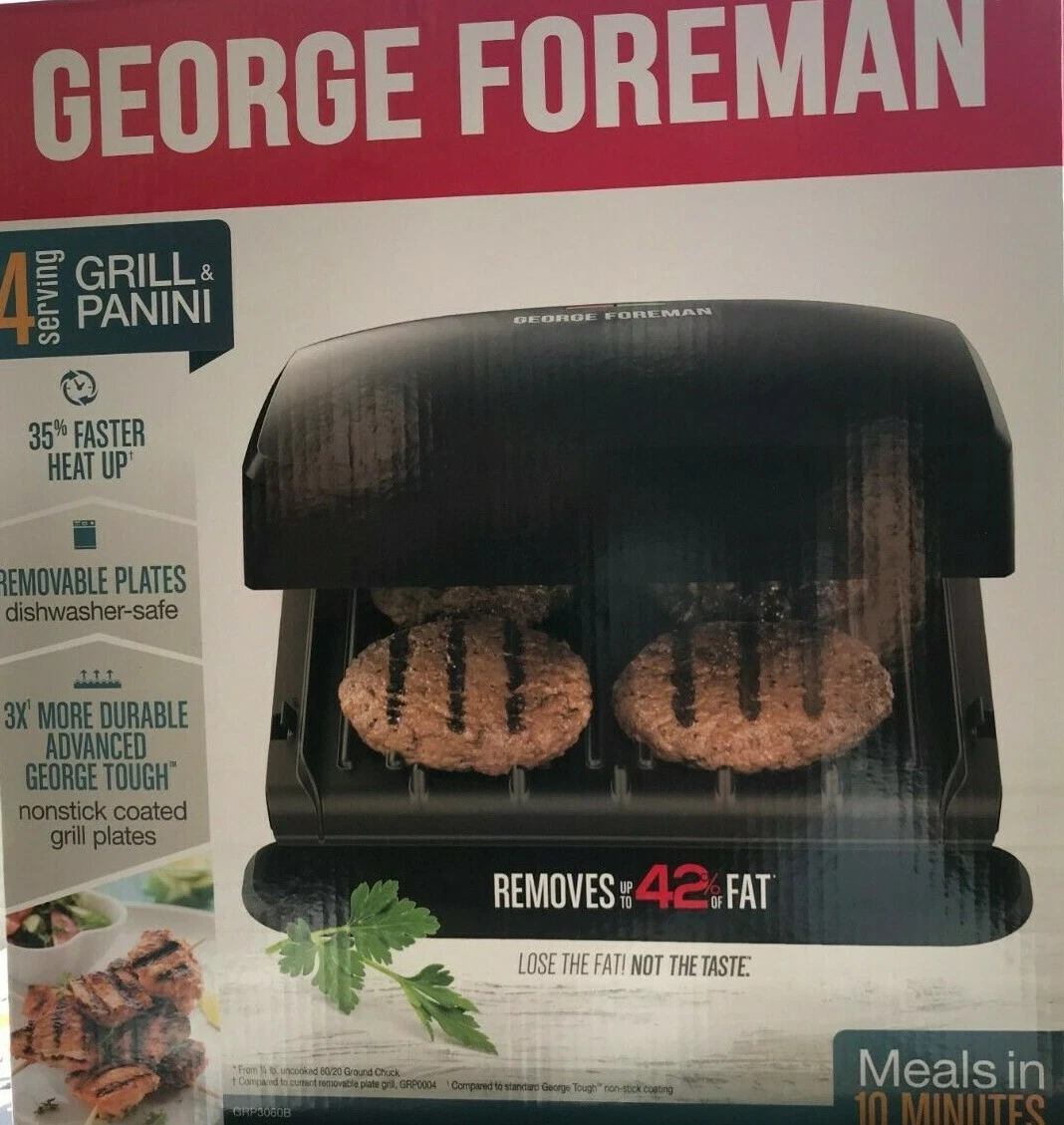 George Foreman 4-Serving Removable Plate Electric Grill and Panini Press,  George Tough Non-Stick Coating, Drip Tray Catches Grease, Black