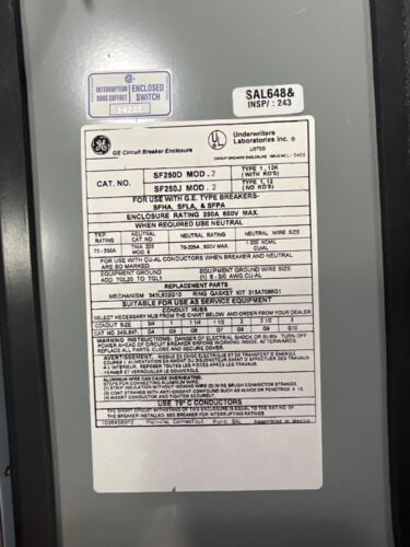 GE SF250J CIRCUIT BREAKER ENCLOSURE 225A 600V - Picture 5 of 6