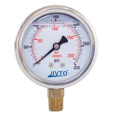 Pressure Gauge,Glycerin Filled, 2-1/2'' Dia,0-3000 PSI, 1/4 NPT Lower Mount