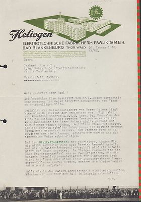 Bad Blankenburg, letter 1936, Heliogen-Elektrotechnische Fabrik H. Pawlik GmbH