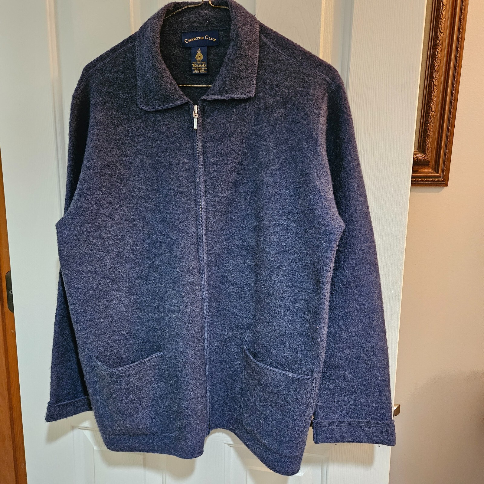 Cardigan Blue Sweater Jacket 100% Wool Full Zip Pockets Women's S-image