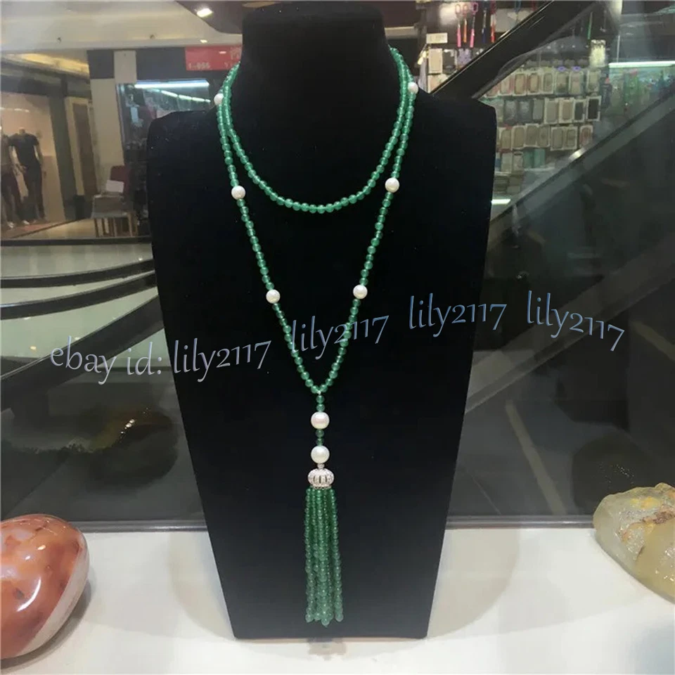 Natural Green Jade Round Gemstone Beads Tassel Pendant Necklace Long 35 inches - Image 2 of 4