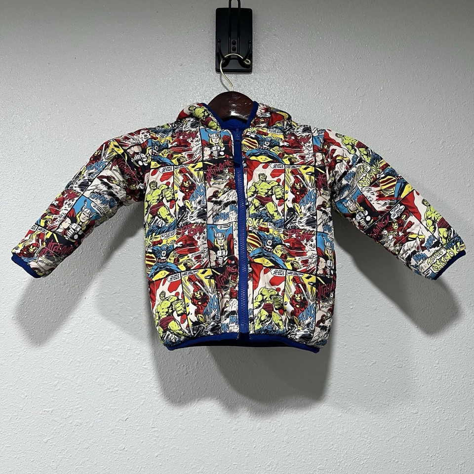 Chaqueta con Capucha Reversible Marvel Avengers Puffer Hulk Thor Boy Talla 3T Azul Forrada Foto 3 de 4