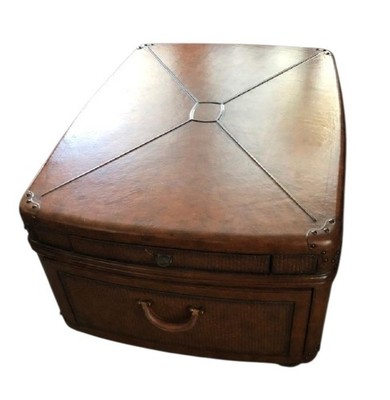Thomasville Coffee Table Streamer Trunk Leather Wrapped Rattan British Gentry