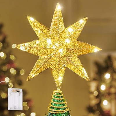 Joiedomi 10 Zoll LED Metall Glitzer 8-Punkt Stern Weihnachtsbaum Topper, 20 LED warm