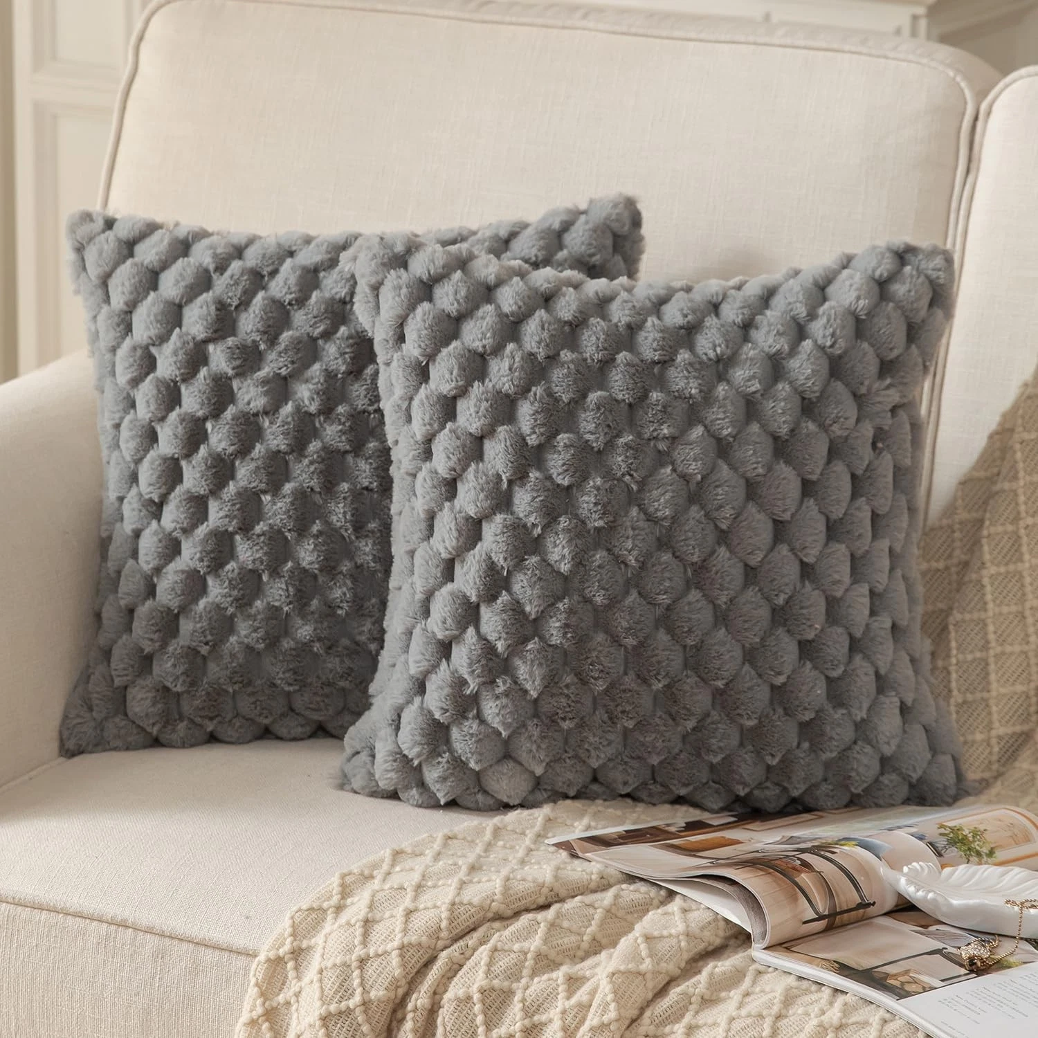 MANDIOO Pack of 2 Grey Super Soft Plush Fluffy Decorative Throw Pillow Covers 26
