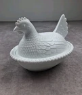Vintage Indiana Glass White Milk Glass Hen on Nest Slotted Beaded Basket MCM