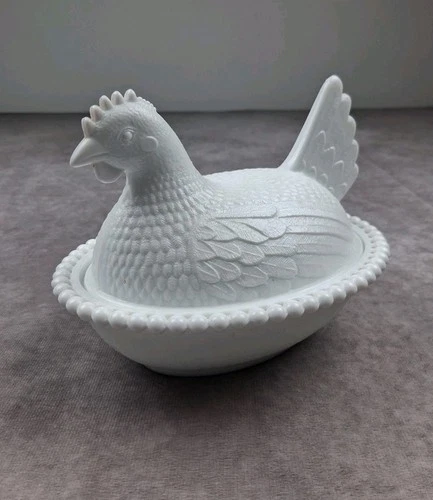 Vintage Indiana Glass White Milk Glass Hen on Nest Slotted Beaded Basket MCM
