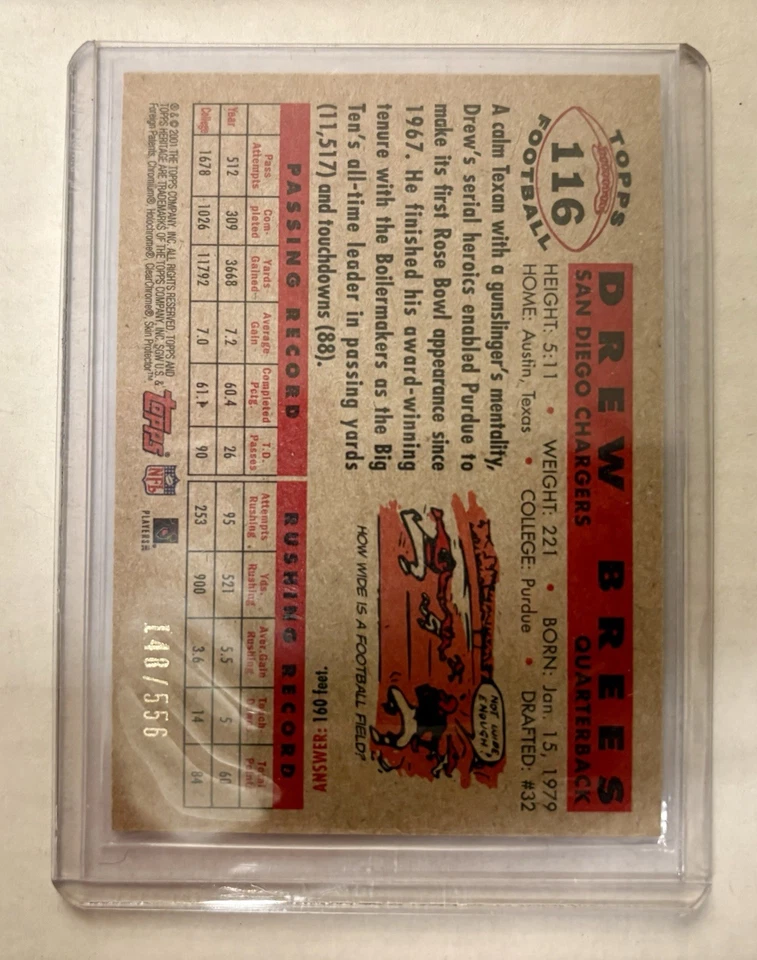 Topps Heritage Drew Brees #116 2001 cromo 148/556 (RC) Saints/Cargadores Salón de la fama raro Foto 2 de 2