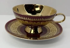 VTG RW Bavaria Footed Tea Cup & Saucer #6771 Burgundy & Gold Gilded Porcelain
