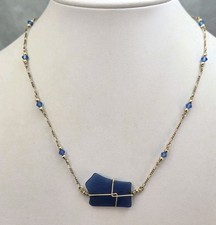Gold Filled Cobalt Blue Sea Glass Crystal Beaded Wrapped Pendant Necklace