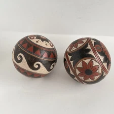 2 Vintage Mexico Folk Art Pottery Round Ball - 5" Diameter Rustic Artistic